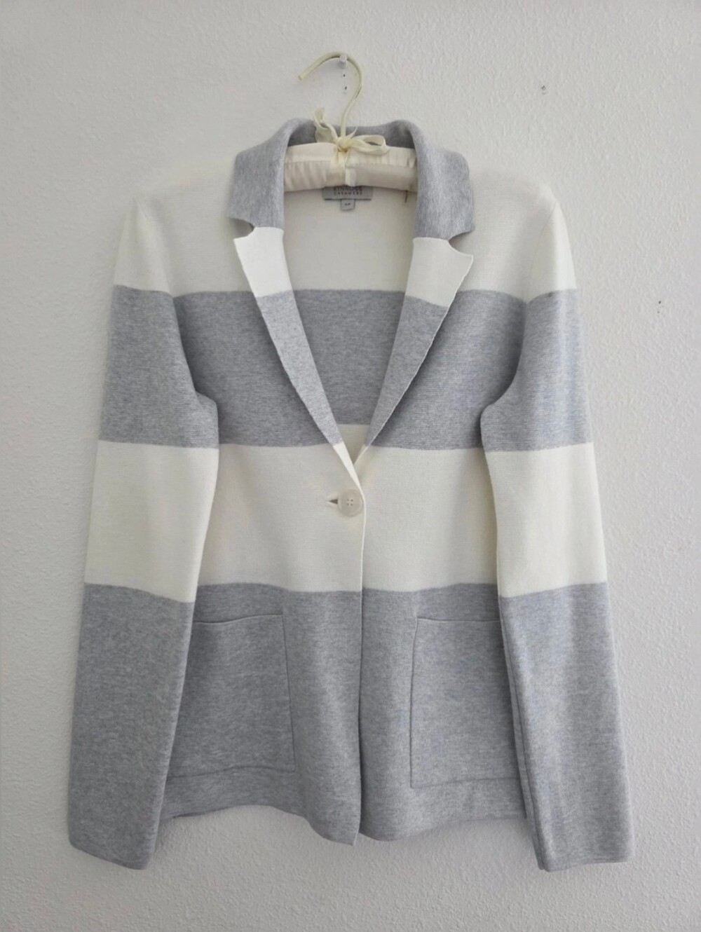 Kinross Cashmere White/Gray Striped Knit Blazer Cotton Blend Front Pockets Sz SP